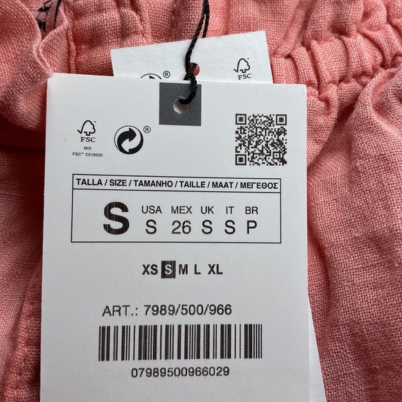 NWT. Zara Pink Linen Ruffled Cold Shoulders Midi Dress. Size S. - Picture 9 of 11